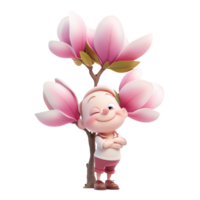 Cheerful child with a playful expression stands next to a flowering magnolia tree in a vibrant spring setting png