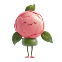 Cute cartoon character representing a flower with smiling face and green body, standing with leaves in a playful pose png