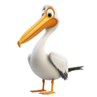 Bright and cheerful animated pelican character with large beak and big eyes in a playful pose for creative project png