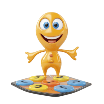 ljus orange animerad karaktär engagerande med färgrik knappar på en lekfull spel styrelse i en glad miljö png