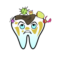 Expressive cartoon teeth showing tooth decay, plaque, and various bacteria and colorful candies stuck to them. The teeth have a distressed facial expression. png