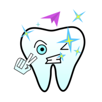 A cartoon illustration of a confident tooth character making a peace sign and surrounded by shining sparkles and a flying paper airplane. The tooth is winking and appears clean and strong. png