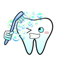 A cheerful cartoon illustration of a tooth character brushing itself with a blue toothbrush. The tooth is winking and surrounded by colorful soap bubbles, creating a fun and educational image png
