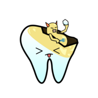 Cartoon illustration of tooth character with pain expression, showing deep cavity and bacteria character. It depicts severe tooth decay and caries caused by poor dental hygiene and sugar. png