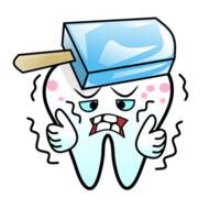 A cartoon illustration of a tooth character experiencing discomfort from cold, with a block of ice or ice cream on its head. The tooth has a pained expression, flushed cheeks, and is shivering. png