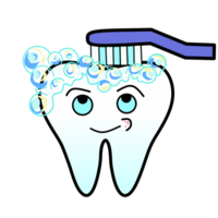 A cute cartoon illustration of a smiling tooth with expressive eyes, being brushed with a blue toothbrush. The tooth is surrounded by colorful soap bubbles, creating a fun and hygienic vibe. png