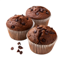 Three Delicious Chocolate Chip Muffins in Paper Liners on Transparent Background png