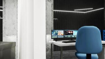 Futuristic lab workspace desk with PC monitors, storage cabinets and medical equipment, 3D rendering. High tech empty medical lab used for clinical testing and diagnostics analysis video