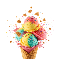 Cornet ice cream with a strawberry scoop on a colorful surface png