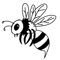 A black-and-white cartoon bee exudes charm with its playful, simple design. Its bold contrast and cute, exaggerated features highlight its cheerful, hardworking nature in a whimsical style. png