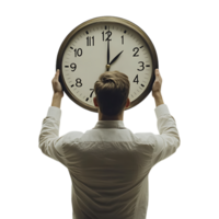 Man holding up a clock on a transparent background png