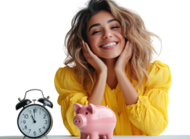 Woman smiling with piggy bank and alarm clock png