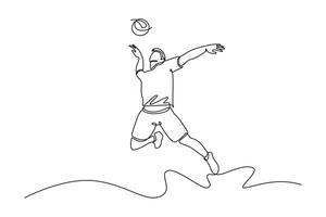 Single one line drawing volleyball player in motion hitting ball with jump smash on court during training. Young sportsman practicing with team. Continuous line draw design graphic illustration vector
