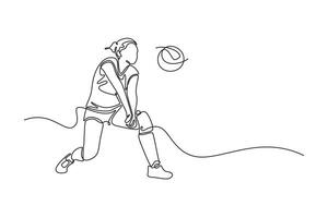 Single continuous line drawing woman playing volleyball in sports hall and receiving a ball with bump pass. Player training with her team on training. One line draw graphic design illustration vector