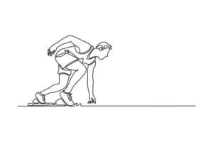 runner using starting block to start his run on running track in stadium. Athlete starting his sprint on running track vector