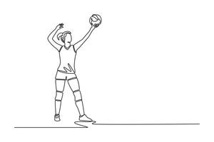 Single continuous line drawing beauty female volleyball player serving the ball while training on court arena. Team sport member on healthy activity. One line draw graphic design illustration vector