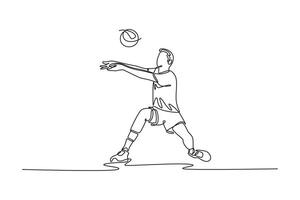 Continuous one line drawing sportsman playing volleyball in sports hall and receiving ball with bump pass. Male player training hard with his team. Single line draw design graphic illustration vector