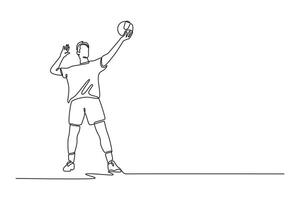 Continuous one line drawing professional volleyball player serving a ball while tournament on court arena. Team sport member in action on game play. Single line draw design graphic illustration vector