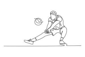 Continuous one line drawing male volleyball player libero bumping a ball and practicing at indoor court. Team sport member in action on game play. Single line draw design graphic illustration vector