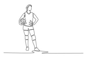 Single one line drawing female volleyball player standing and holding the ball while practicing at indoor court. Team sport member on game play. Continuous line draw design graphic illustration vector
