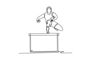 front view professional male athlete jumping over the barrier. Running with obstacles concept. Sprinting in race competition vector