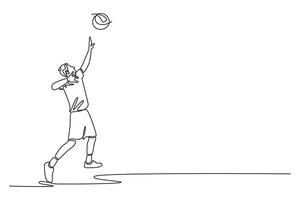 Continuous one line drawing back view volleyball player serving the ball while tournament on court arena. Team sport member in action on game play. Single line draw design graphic illustration vector