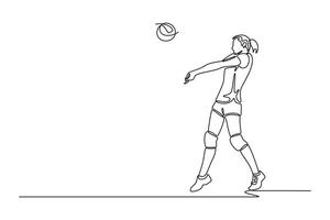 Single continuous line drawing female volleyball player receiving a ball with bump pass. She is training with her team or participating in competition. One line draw graphic design illustration vector