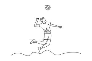 Single one line drawing male volleyball player in motion hitting ball with jump spike on court during competition. Healthy team sport concept. Continuous line draw design graphic illustration vector