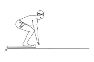 professional swimmer getting ready to jump in swimming pool at starting block. Focused and ready for competitive race vector