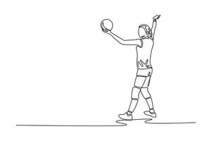 Single continuous line drawing woman volleyball player serving ball while competition on indoor court arena. Team sport member on hobby or recreation. One line draw graphic design illustration vector