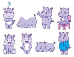 Eight purple hippos in various poses, ideal for childrens books, educational resources, and playful design projects. vector