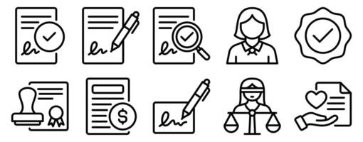 Notary Icon Set Line Style Collection representing legal authentication and official documentation suitable for legal services administrative processes and government-related platforms vector