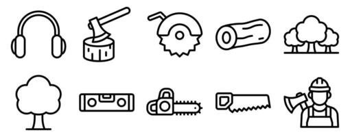 Lumberjack Icon Set Line Style Collection representing forestry work and woodcutting tools suitable for logging industry materials outdoor gear branding and educational resources vector