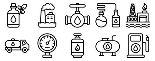 Oil Industry Icon Set Line Style Collection representing petroleum extraction refining and distribution suitable for energy sector presentations industrial platforms and educational materials vector