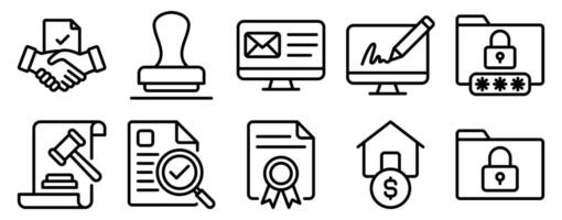Contracts Icon Set Line Style Collection representing legal agreements and formal documentation suitable for business deals legal services and administrative processes vector