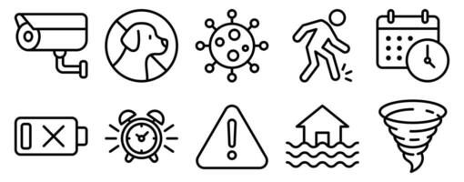Alert and Warning Icon Set Line Style Collection representing caution signals and emergency notifications suitable for safety systems security apps and risk management platforms vector