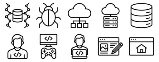 Developer Icon Set Line Style Collection representing coding software creation and technical skills suitable for programming platforms tech companies and educational resources vector