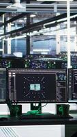 Vertical Data center computer systems controlling network resources through AI visualization dashboards and node tree programming software that maps infrastructure connections, panning shot video