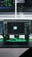 Vertical Server farm computer systems controlling network resources through node tree programming software. Visual programming tools on PC screens enabling streamlined data processing video