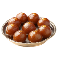 Delicious Indian Gulab Jamun sweets arranged on a traditional plate. png