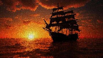 Sunset Against the Backdrop of a Ship Floating on the Sea, Background Made of Cubes video