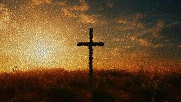 Beautiful View of Christian Cross Against the Backdrop of Sunset, Background Made of Cubes video