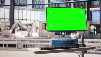 Green screen monitor in industry 4.0 smart industrial plant equipped with advanced sensors used to check production equipment performance. Robotics software on chroma key screen in smart factory video