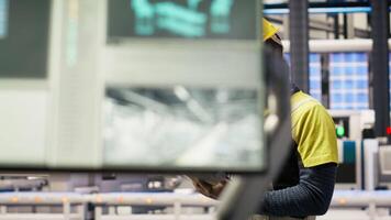 Engineer oversees solar panel production lines equipment using tablet app. Worker maintains photovoltaic assembly systems in automated industry 4.0 factory using digital device application, camera B video