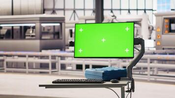 Close up of isolated screen in photovoltaics factory used to analyze performance data to optimize operations. Chroma key display in industry 4.0 solar panels plant conducting preventive maintenance video