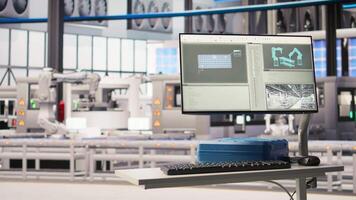 Robotics software on screen in smart factory used to inspect machinery for operational integrity. Monitor in industry 4.0 industrial plant equipped with advanced sensors overseeing gear, panning shot video