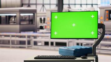 Close up of green screen display in industry 4.0 solar panels plant tracking energy production through IoT sensors. Chroma key monitor in photovoltaics factory displaying system performance metrics video