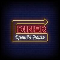 diner open 24 hours neon sign with brick wall background vector