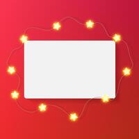 Rectangle picture frame on bright red bg. Illuminated by glowing led stars, light bulb warm garland. Horizontal landscape festive greeting card container mockup. Luxury empty Christmas gallery wall vector