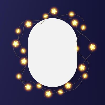 Oval picture frame on dark blue bg. Vertical portrait photo decorated with star light string of led garland. White art template mock up, festive quote, greeting post. Holiday 3d wreath Christmas card